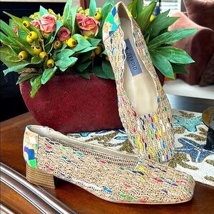 Margaret Jerrold 1980s Vintage Cork Woven Block Heel Multicolor Rainbow Loafers